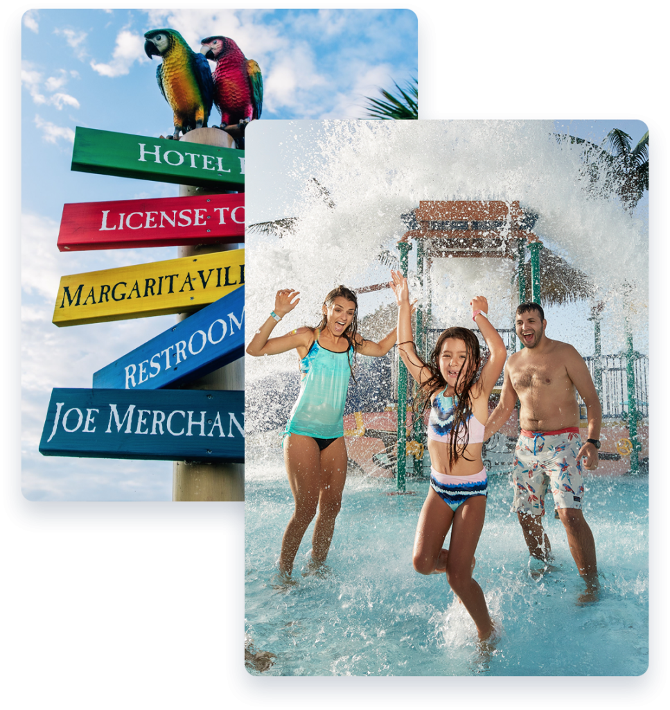 image of resort sign and family enjoying splash pad