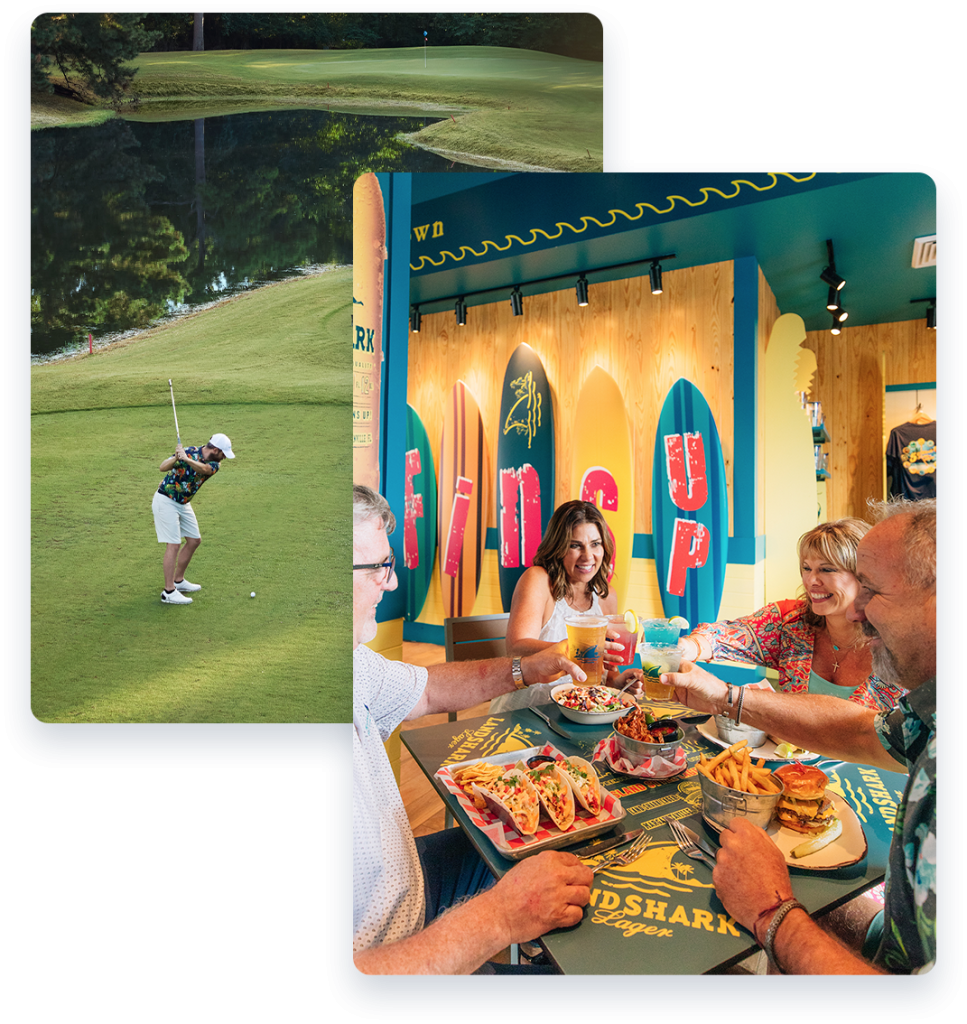 collage of photos--people eating in restaurant and a golfer